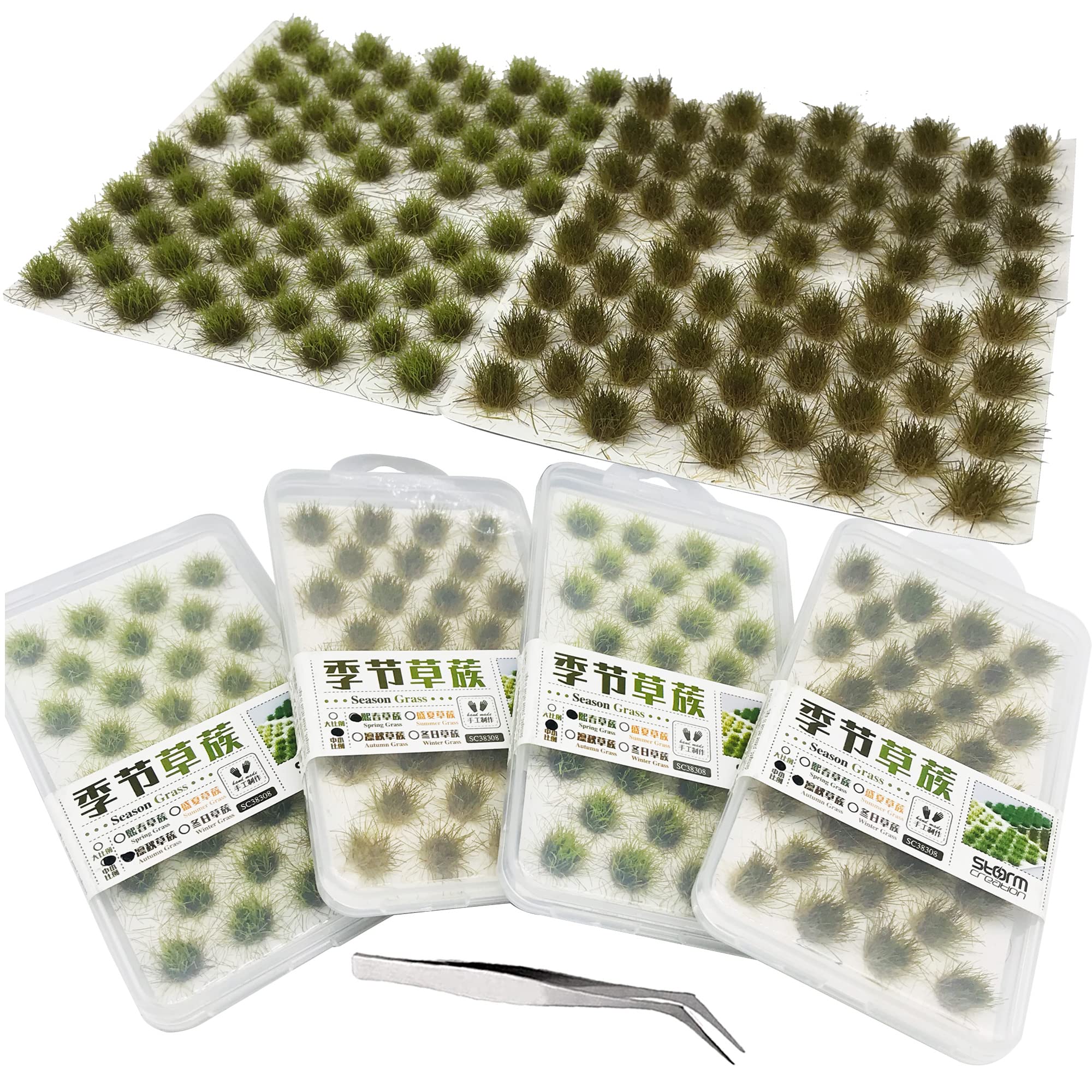 Cayway 6 PCS Static Grass Tuft Model Grass Tufts Terrain Model Kit Resin Static Scenery Model, Fake Moss Grass and Tweezers for Train Landscape Railway Artificial Grass Modeling