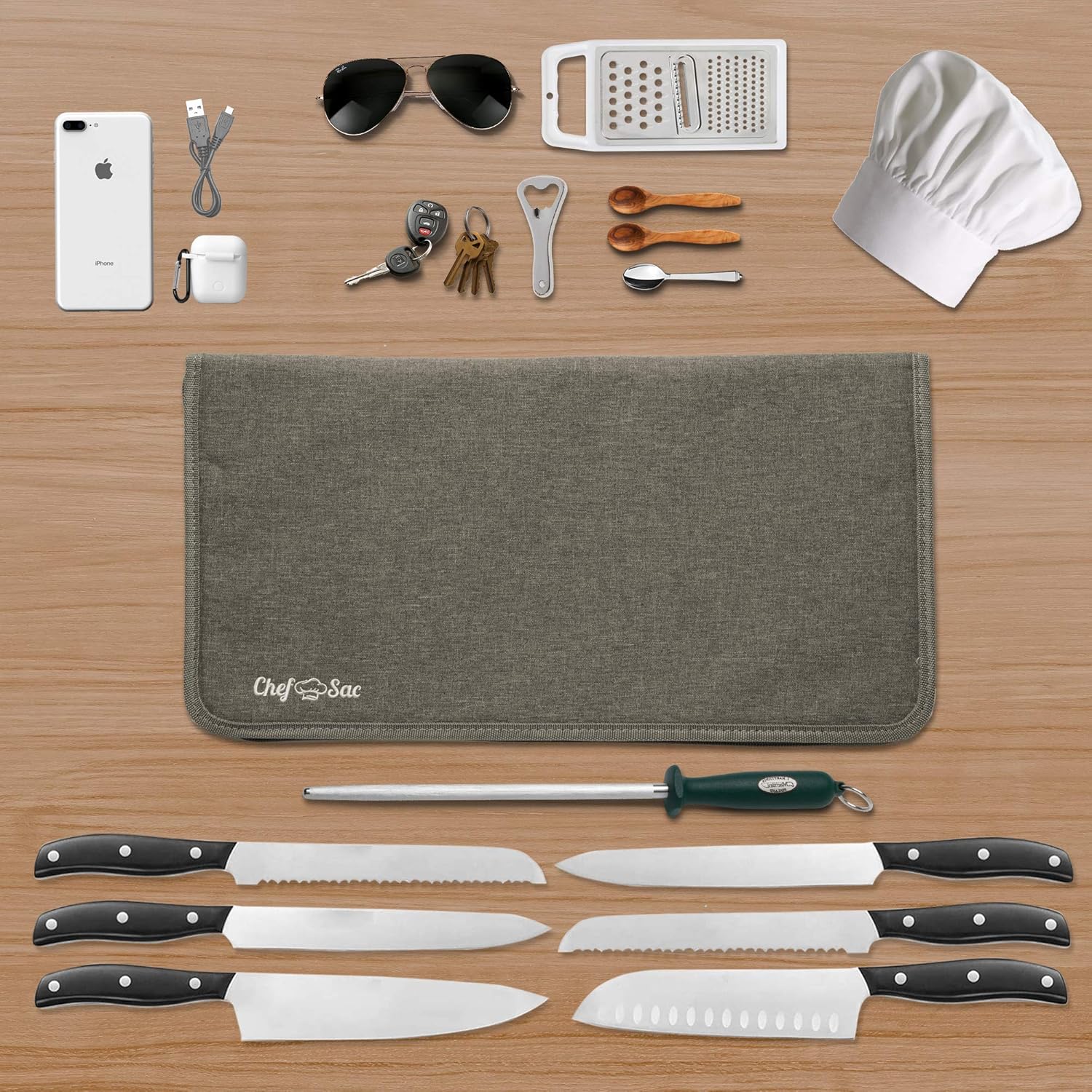 Chef Knife Bag Travel Folder Extended Knife Case | 8 Pockets for Knives, Kitchen Tools & Camp Accessories | Special Slot for Honing Rod | Durable Knife Holder for Chefs & Culinary Students (Grey): Kitchen & Dining