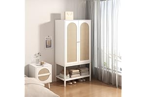 QEIUZON Wardrobe Closet, Rattan Freestanding Wardrobe Cabinet with Storage Cubes & Hanging Rod, Bedroom Armoire, 2-Doors-White