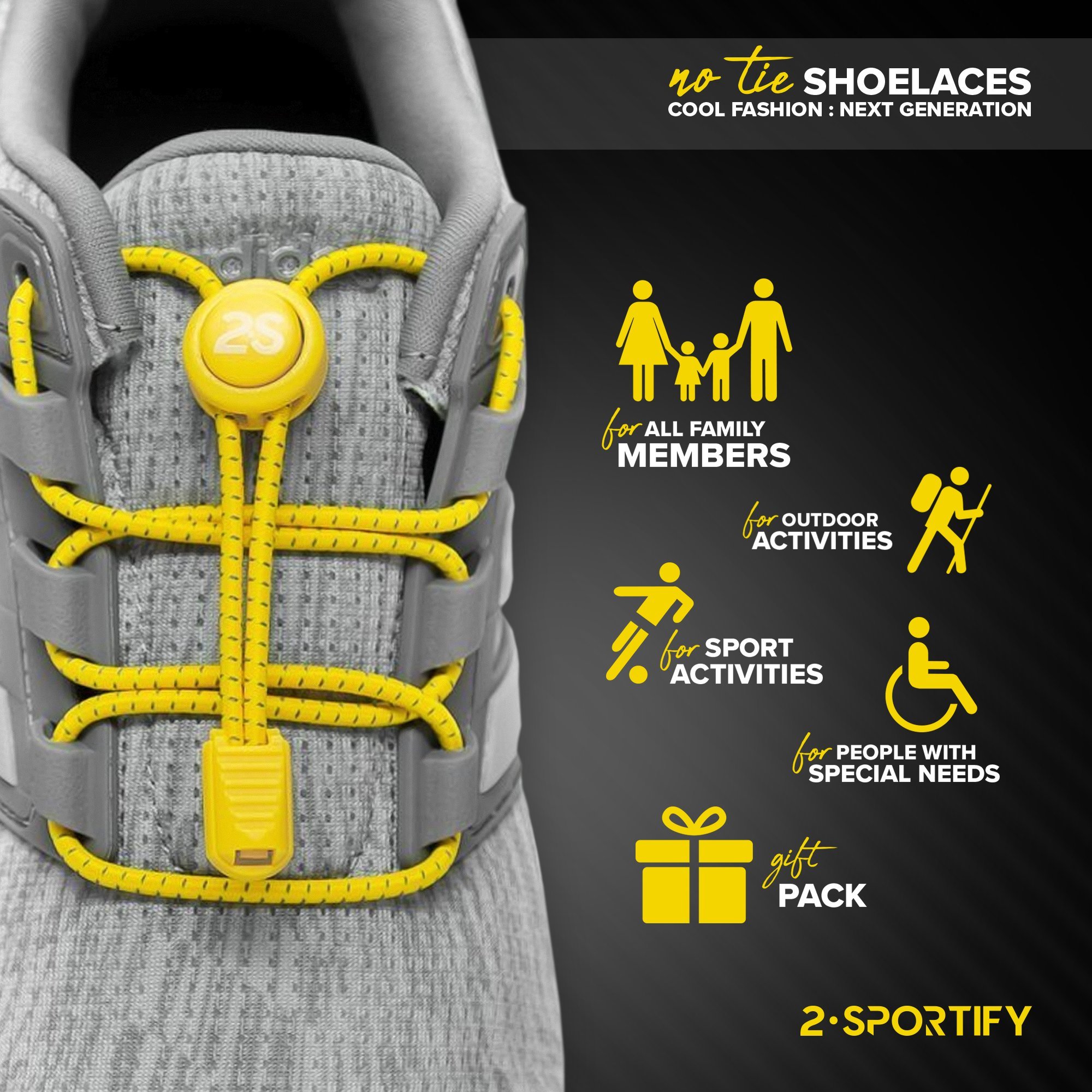 2SPORTIFY No Tie Shoelaces for Kids and Adults - Tieless Elastic Shoe lace for Sneakers with Lock - Round Shoe Laces (2 Pack) (Black-Black)