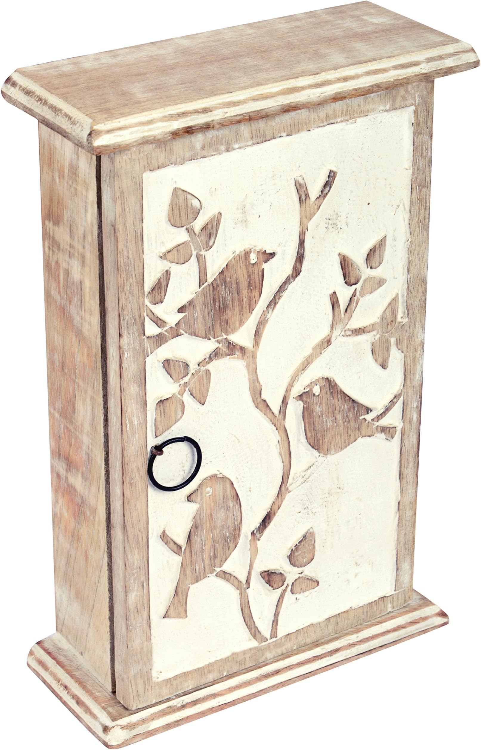 SAAGA Wooden Key Hooks Holder Rack Box Wall Mounted Cabinet Hand Carved Birds & Blooms Design/Handmade : 11x7x3 inches (LxBxH)