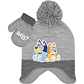 Bluey Bandit and Chilli Toddler Hat with Winter Mittens for Kids – Warm Winter Hat for Toddler with Kids Mittens Blue Grey