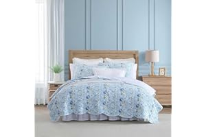 Laura Ashley - Quilt Set, Super Soft Bedding with Matching Sham, Scalloped Edge Design (Peony Garden Blue, King)