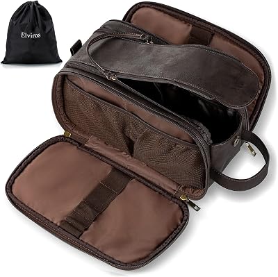 Elviros Water-Resistant PU Leather Toiletry Bag Dark Grey 12 x 6.5 x 6.9 in