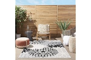 Nourison Aloha Indoor/Outdoor Black White 5'3" x 7'5" Area Rug, Tropical, Botanical, Easy Cleaning, Non Shedding, Bed Room, Living Room, Dining Room, Deck, Backyard, Patio (5x7)