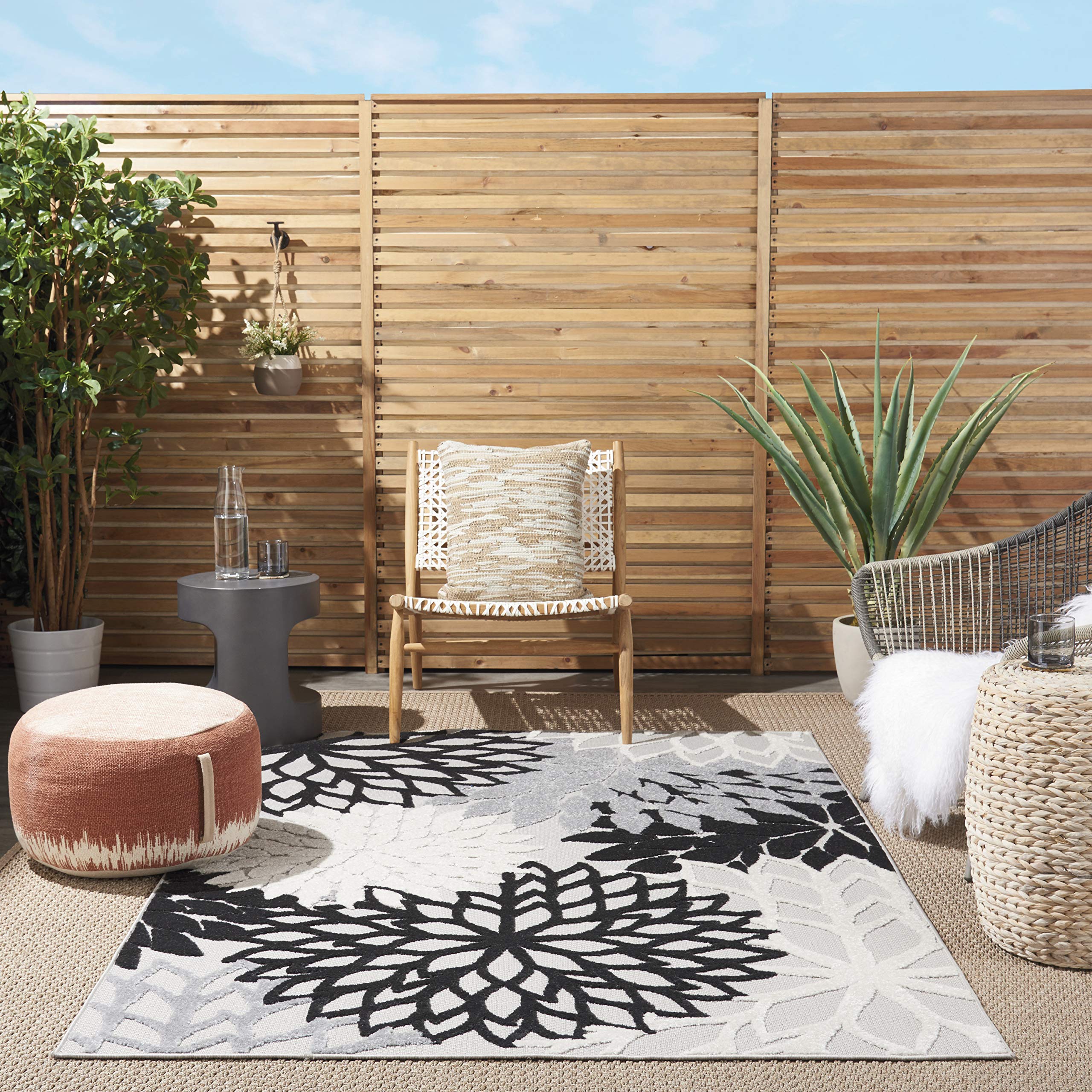 Nourison Home Aloha Indoor/Outdoor Black White 5'3" x 7'5" Area Rug, Tropical, Botanical, Easy Cleaning, Non Shedding, Bed Room, Living Room, Dining Room, Deck, Backyard, Patio (5x7) Image
