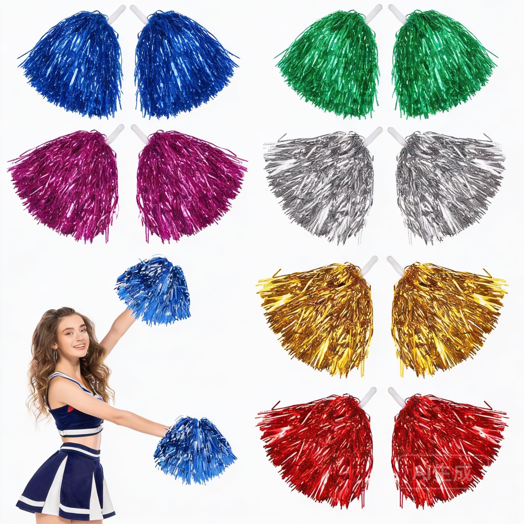 Tomaibaby Cheerleading Pom Poms: 14PCS Metallic Foil Plastic Pom Poms with Baton Handle for Game Sports Squads Dancing Party Football Basketball Club Spirit Stage Performance Celebration