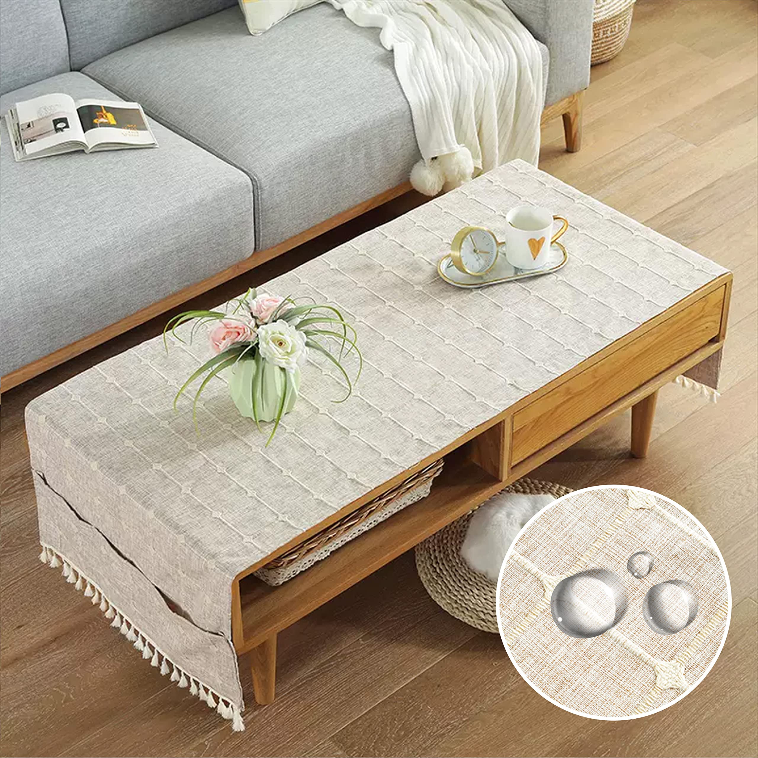 Wipe Clean Linen Coffee Tablecloth With Pockets, Rectangular Coffee Table Cover, Tea Table Cloth Washer Dryer Fridge Top Cover, Table Runner. Fits Sizes Around 50x100cm Tables-I-50x145cm(20x57inch)