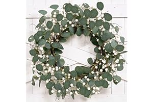 MAINGKAUNG Green Eucalyptus Wreath 22inch Greenery Wreaths for Front Door Artificial Winter Wreath with Green Eucalyptus Leaves White Berries for Winter Christmas Window Wall Indoor Holiday Decoration