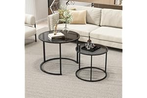 BAOGELIYA Round Coffee Table Set of 2, Modern Glass Coffee Table, Metal Small Night Stands, Black Nested Coffee Table for Living Room, Office,Home Decor