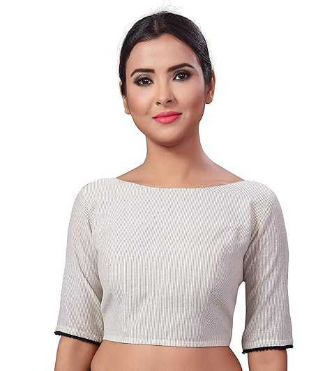 White With Black Pin Stripes Pure Cotton Saree Blouse