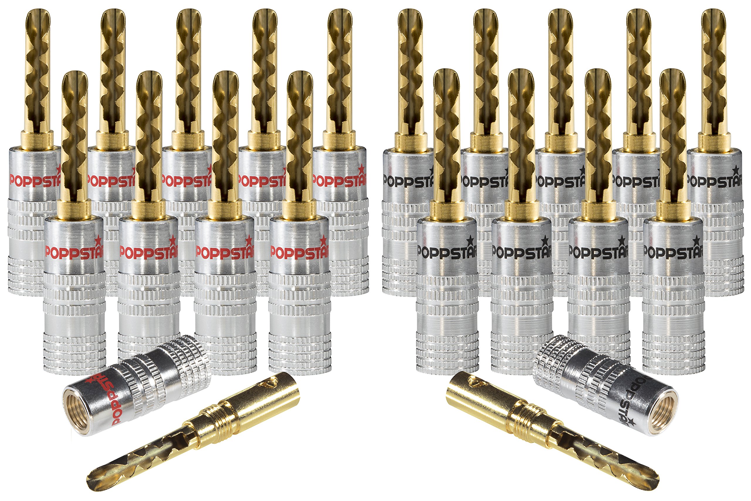 POPPSTAR 20x Hollow Banana Plugs, banana plugs for speaker cables (up to 6mm²), speakers, receivers, 24k gold-plated contacts (10x black, 10x red)