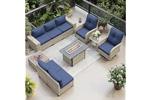 Muphyers 10-Piece Outdoor Patio Furniture Set with Rocking Swivel Chair, PE Wicker Rattan Sectional Sofa Patio Conversation Set with 55,000 BTU Fire Pit Table & Coffee Table, Navy Blue