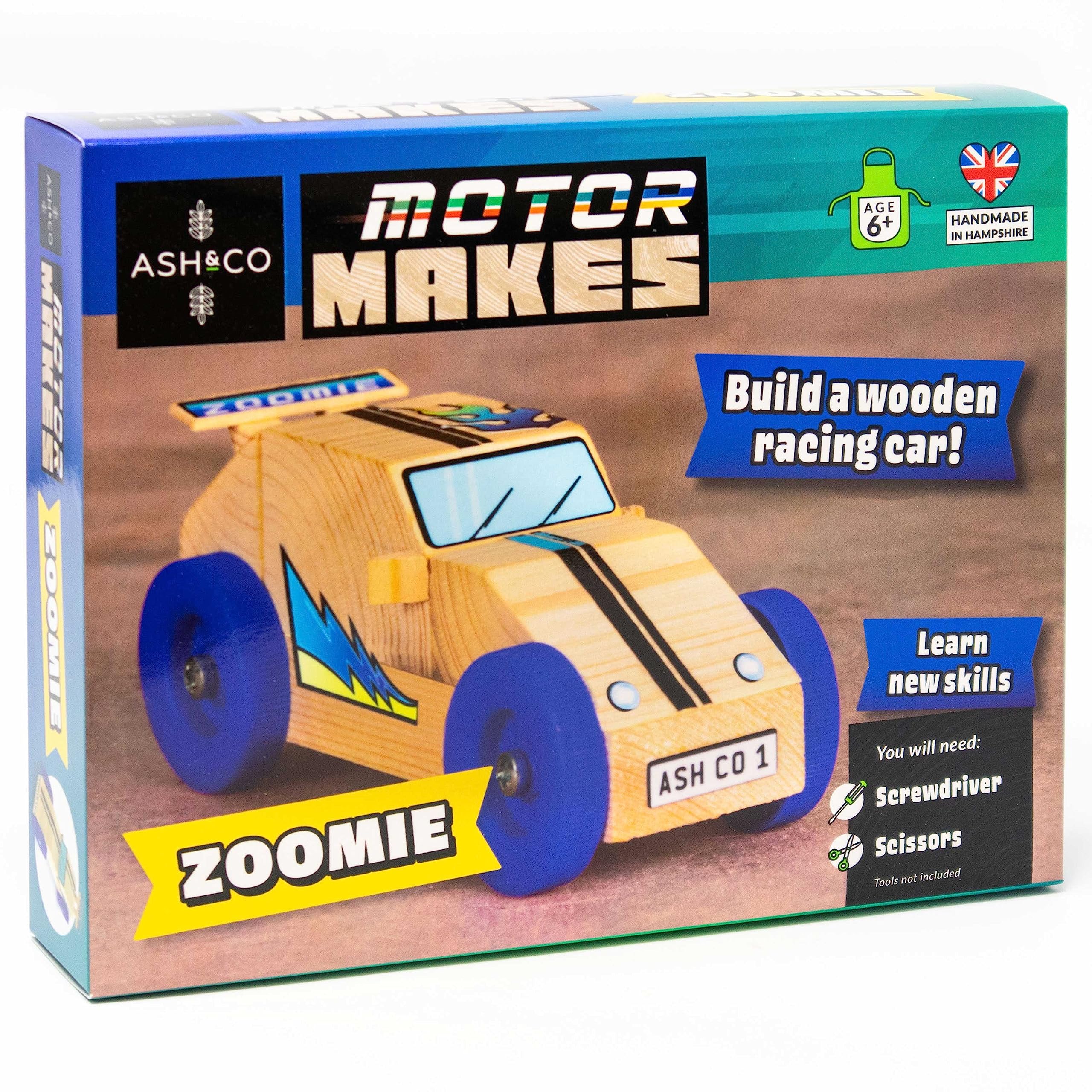 Ash & Co Motor Makes Build a Wooden Car | Woodwork Kit for Kids | Fun Craft kit for Boys and Girls Age 6+ (Zoomie/Blue)