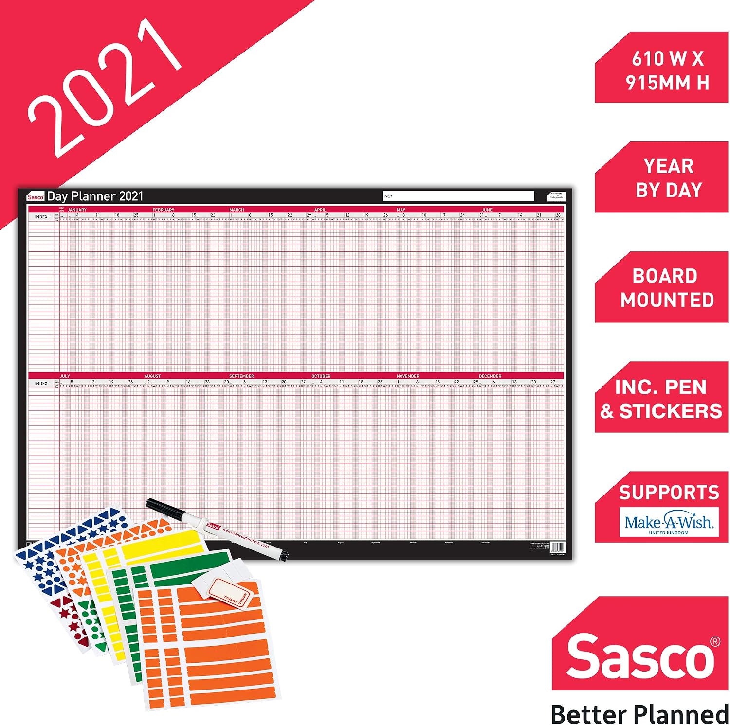 Planificateur Mural 2026 Super Compact – Avec Stylo Effaçable & Autocollants – Affiche Bleue – Sasco