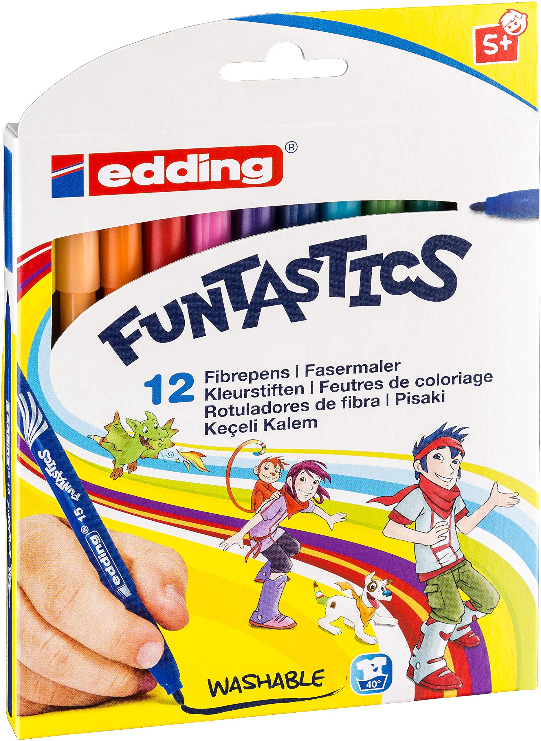 edding 15 FUNTASTICS - colouring pens for children - set of 12 - bright colours - 1 mm thin nib - for colouring fun on light-coloured paper and card - washable from skin and textiles