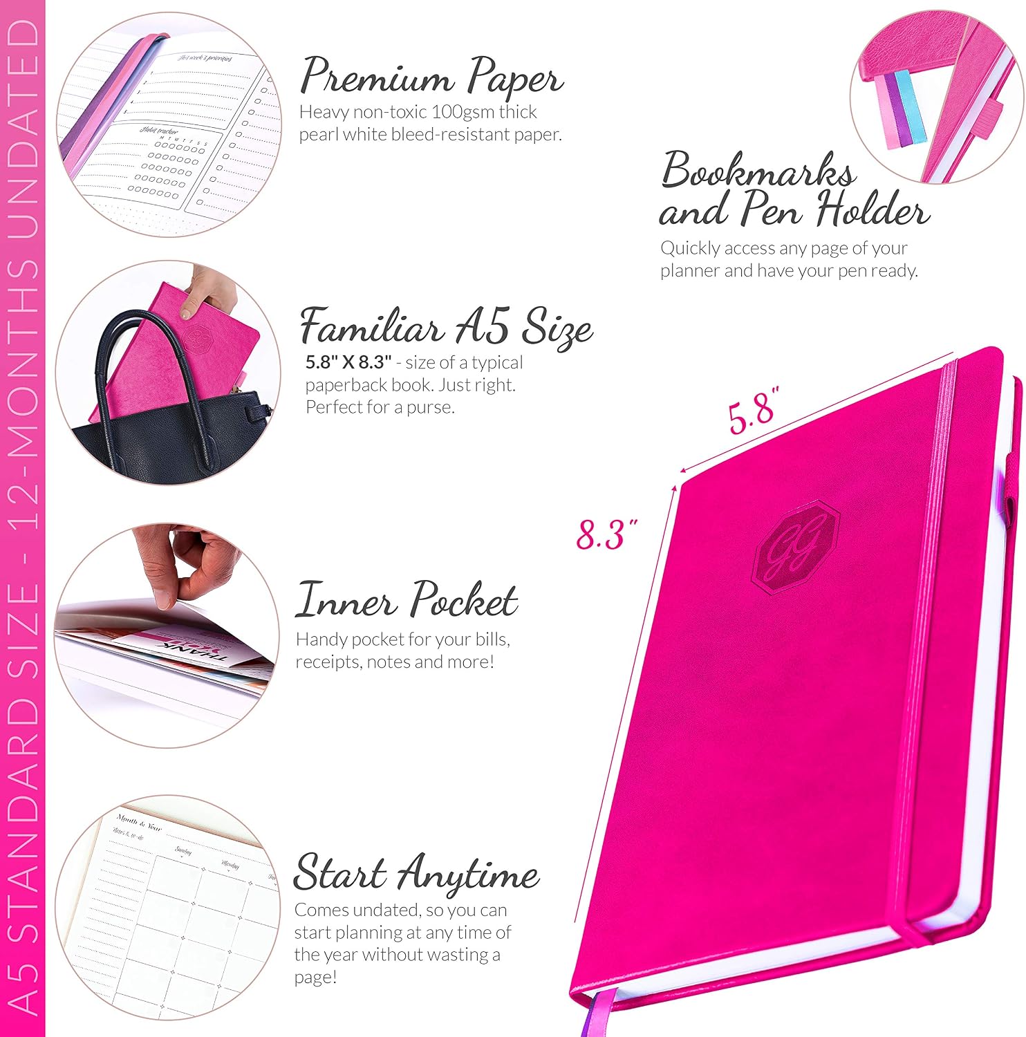 GoGirl Planner and Organizer for Women - A5 Weekly Agenda, Goals Journal to Improve Time Management & Productivity (Hot Pink) - Image 3