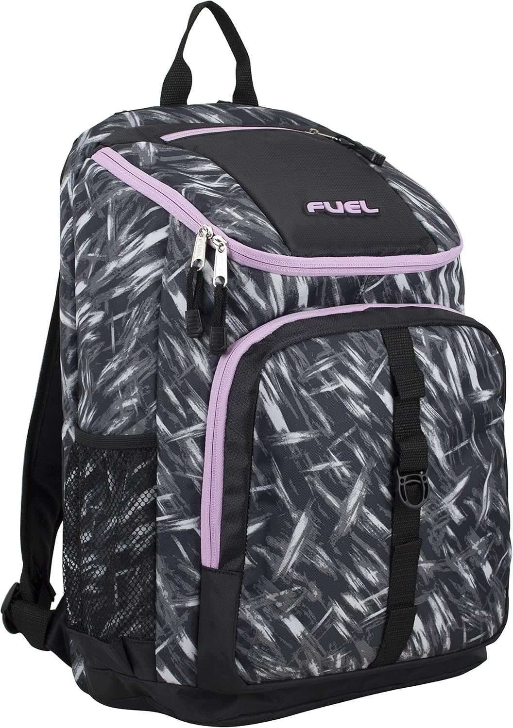 Fuel Wide Mouth Sports Backpack with Laptop Compartment for School, Travel, Outdoors - Black/Brush Stroke Print/Lilac Trim