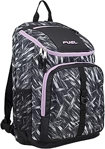 Fuel Wide Mouth Sports Backpack with Laptop Compartment for School, Travel, Outdoors - Black/Brush Stroke Print/Lilac Trim