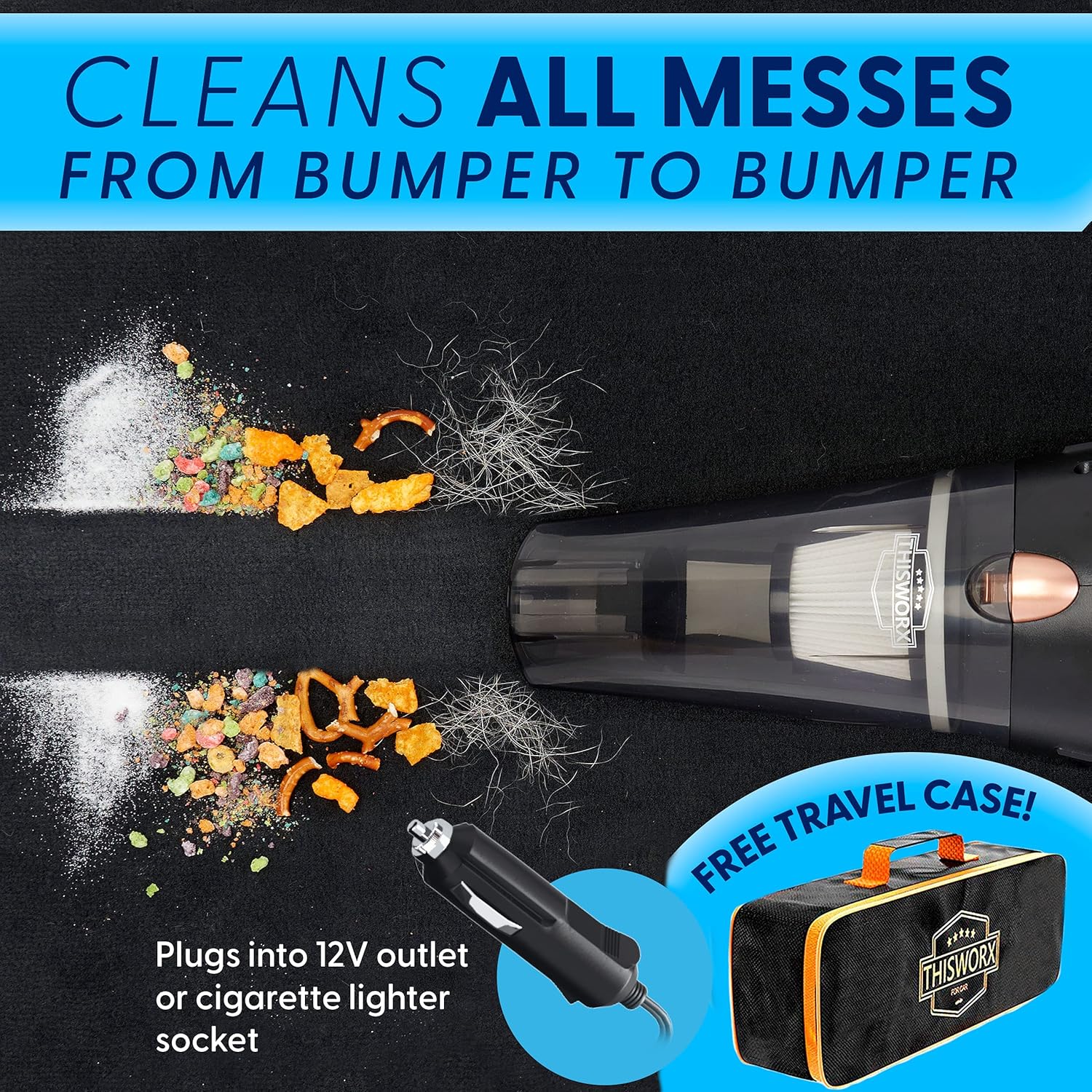 ThisWorx Car Vacuum Cleaner - Portable, High Power, Handheld Vacuums w/ 3 Attachments, 16 Ft Cord & Bag - 12v, Auto Accessories Kit for Interior Detailing - Black: Automotive