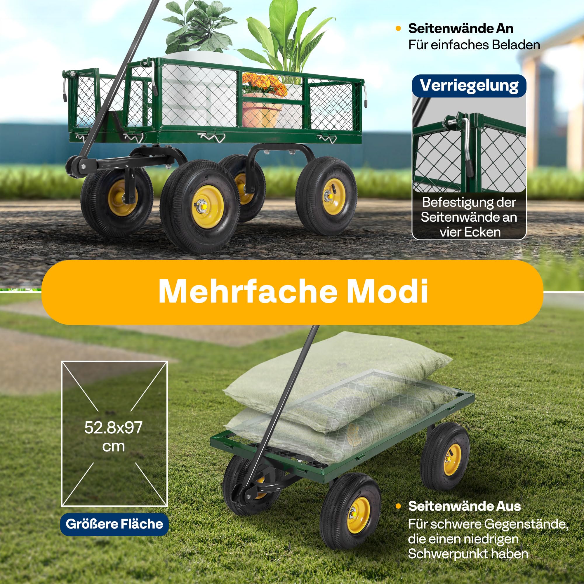 VIVOHOME Gartenwagen mit Abnehmbaren Seiten und Luftreifen, Belastbarer Transportwagen bis 400kg mit 180° Drehbarem Griff für Garten und Outdoor Einsätze 3