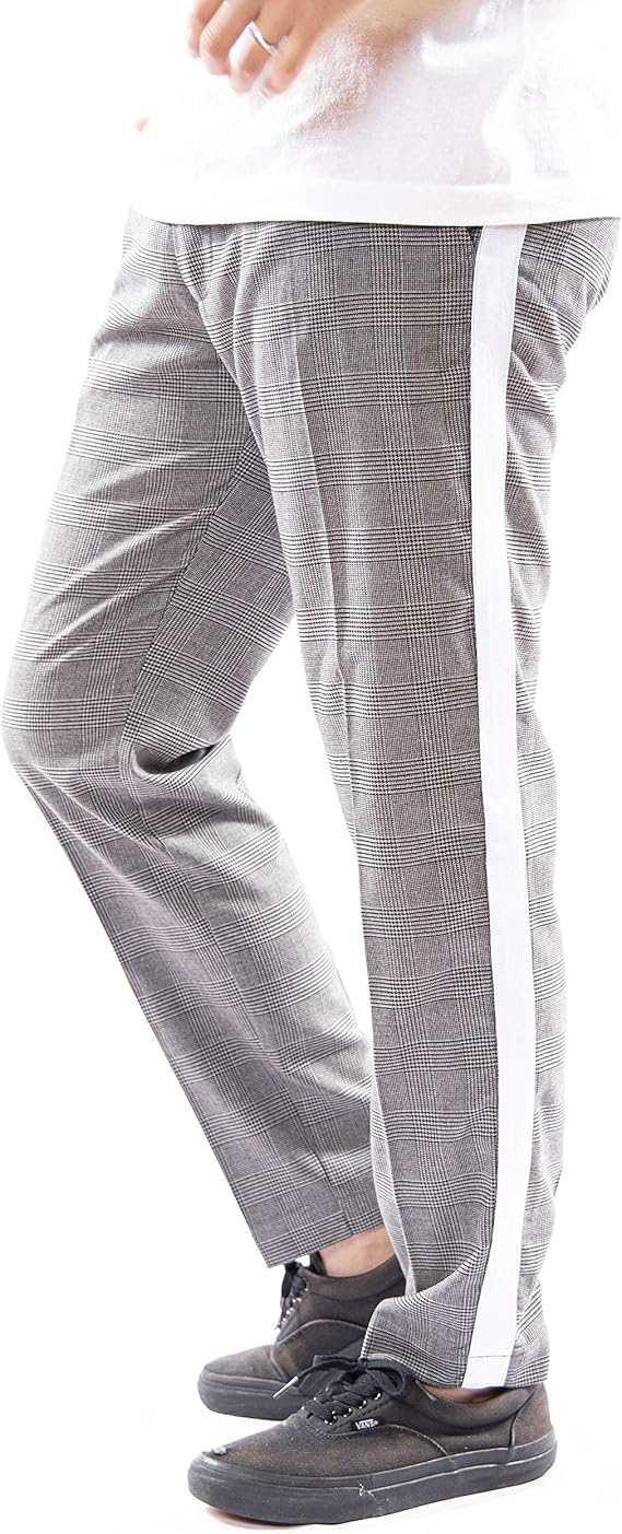 Amazon ナイラス Nylaus トラウザーパンツ メンズ スラックス チェック柄 ストレッチ サイドライン テーパード スラウチシルエット 細身 スリム グレンチェック ブラウン グレー チェックパンツ イージーパンツ サイドラインパンツ ロングパンツ 通販