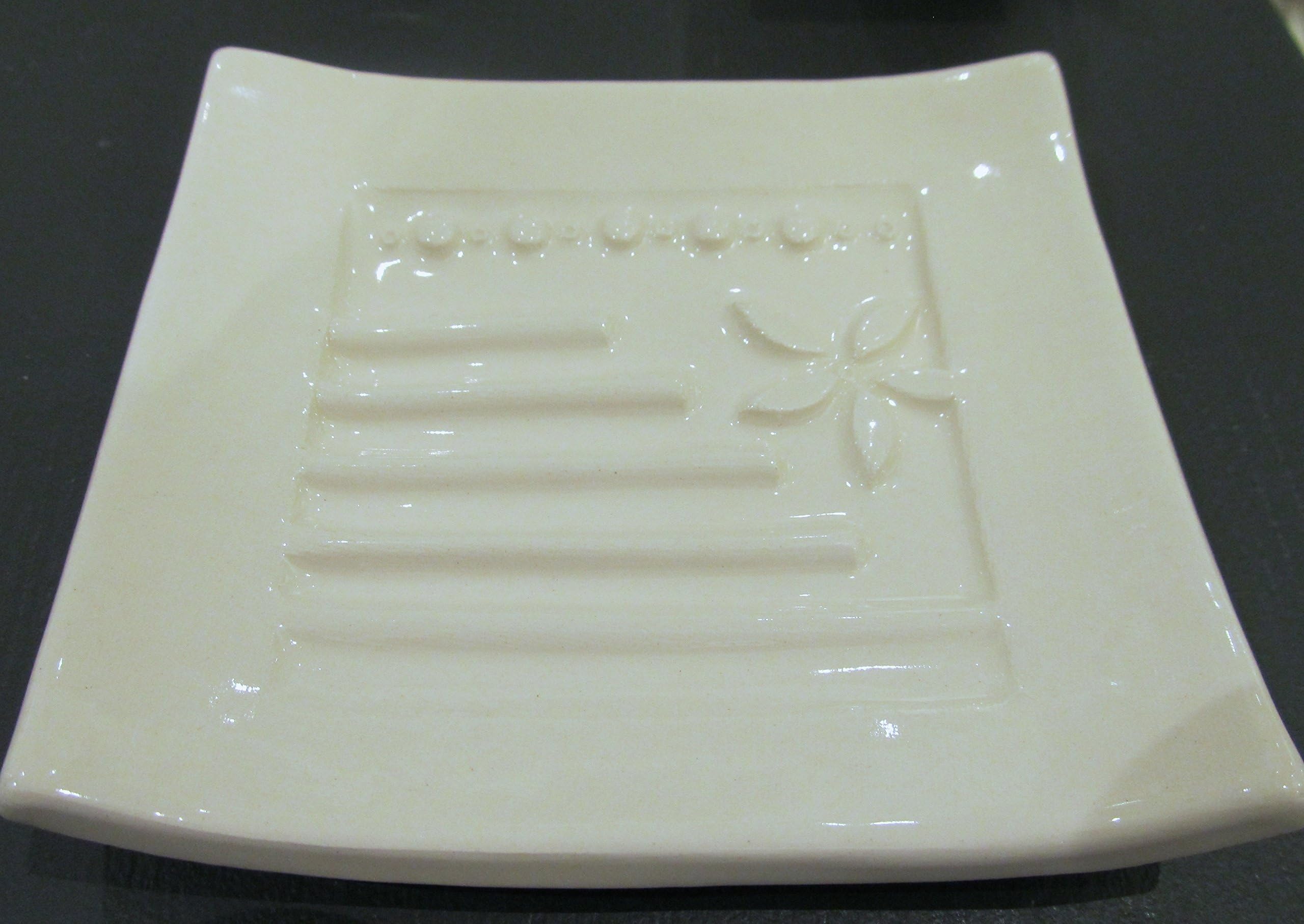 Handmade Clay Soap Dish Glazed White with Custom Raised Imprint Pattern Pottery