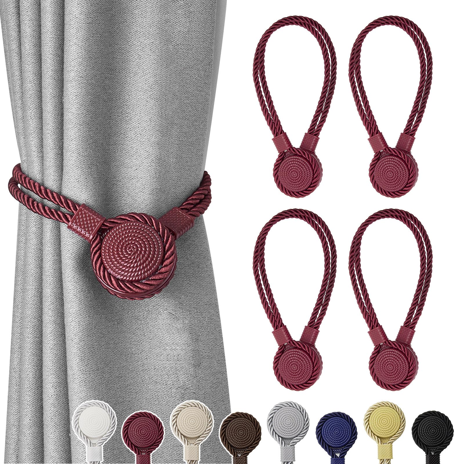 Pretty Jolly 4 Pack Strong Magnetic Curtain Tiebacks Unique Medal shape Decorative Drape Tie Backs Elegant Hand-Woven Rope Curtain Holdbacks for Home & Office Draperies Decor (Wind Red)