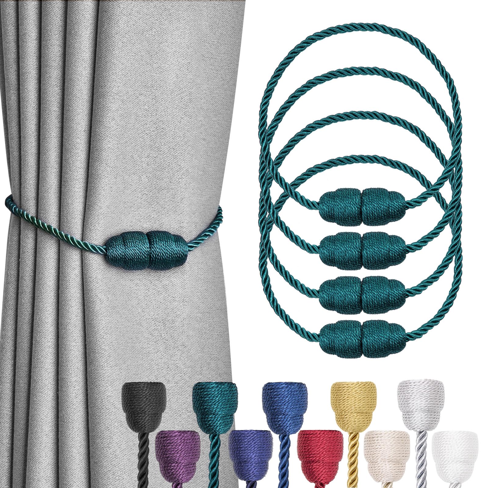 Pretty Jolly 4 Pack Strong Magnetic Curtain Tiebacks Handmade Weave Side Rope Curtain Holdbacks Unique & Elegant Decorative Curtain Drape Tie Backs for Home & Office Window Drapery (Green)