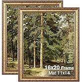 Splinterix 16x20 Gold Picture Frame, 2 Pack Ornate Vintage Picture Frames for Wall or Tabletop Display, 16x20 Photo Frame Gold with Plexialass, Display Poster 11x14 with Mat or 16x 20 without Mat for Antique Déco