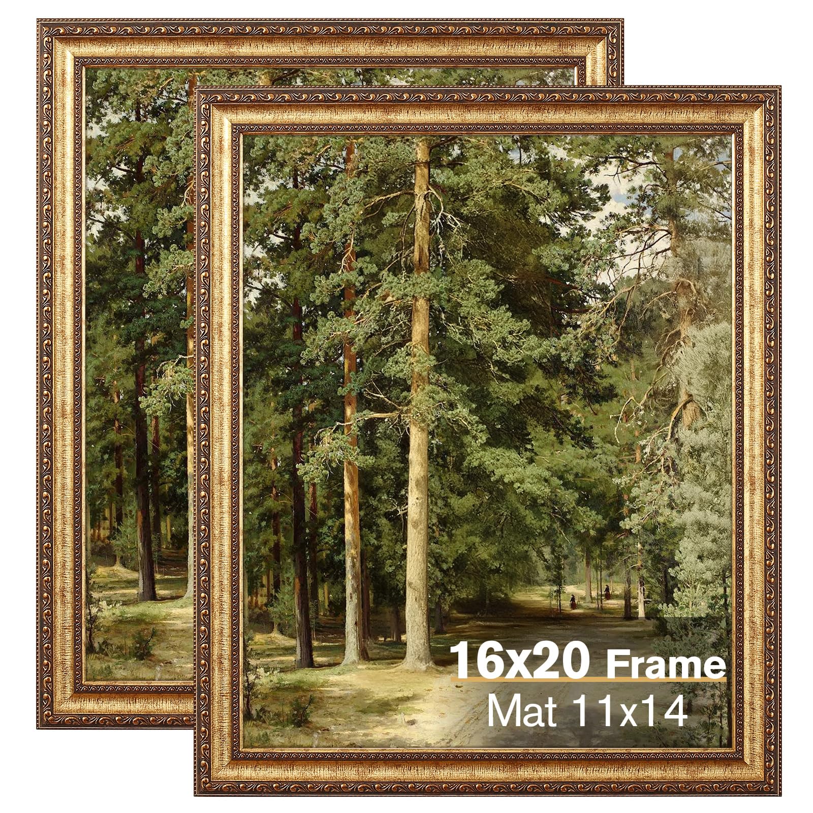 Splinterix 16x20 Gold Picture Frame, 2 Pack Ornate Vintage Picture Frames for Wall or Tabletop Display, 16x20 Photo Frame Gold with Plexialass, Display Poster 11x14 with Mat or 16x 20 without Mat for Antique Déco