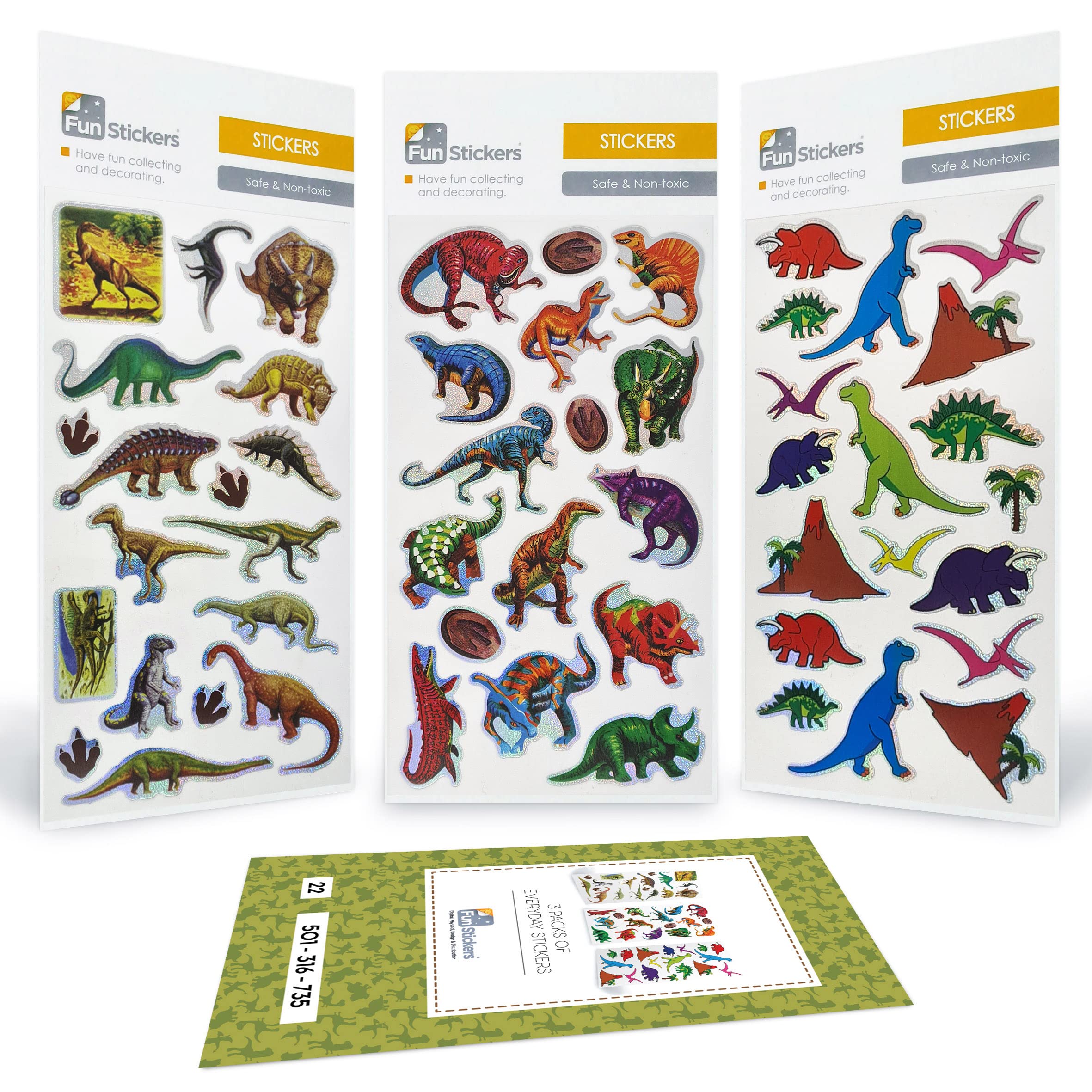 Dinosaur Stickers for Children, Kids, Toddlers, Adults OVER 50 Stickers - 3 Pack Self Adhesive Sticker Sheets - Scrapbook Craft Activities and Party Bag Fillers
