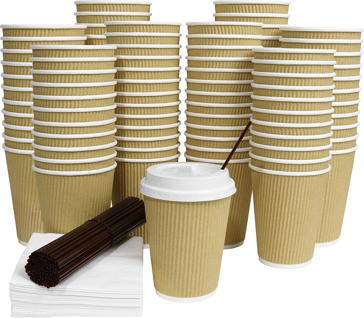 [100 Sets] Disposable Coffee Cups with Lids 12 Oz Hot Paper Coffee Cups with Lids Insulated Ripple Tea Cup Travel To Go with Stirring Straws and Napkins by Galashield