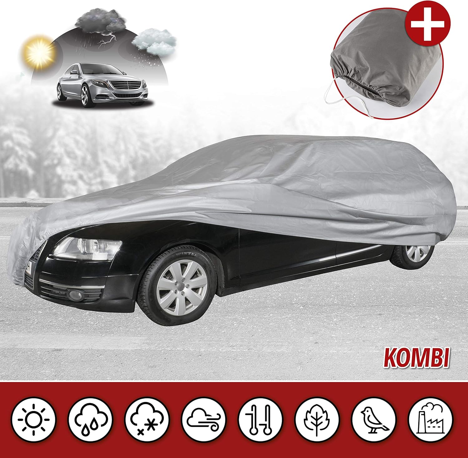 Walser 31087 Autoabdeckung AllWeather Vollgarage Kombi Größe XL hellgrau, wasserdichte Autogarage, Staubdicht mit UV Schutz, verstärkte Gurtbefestigung