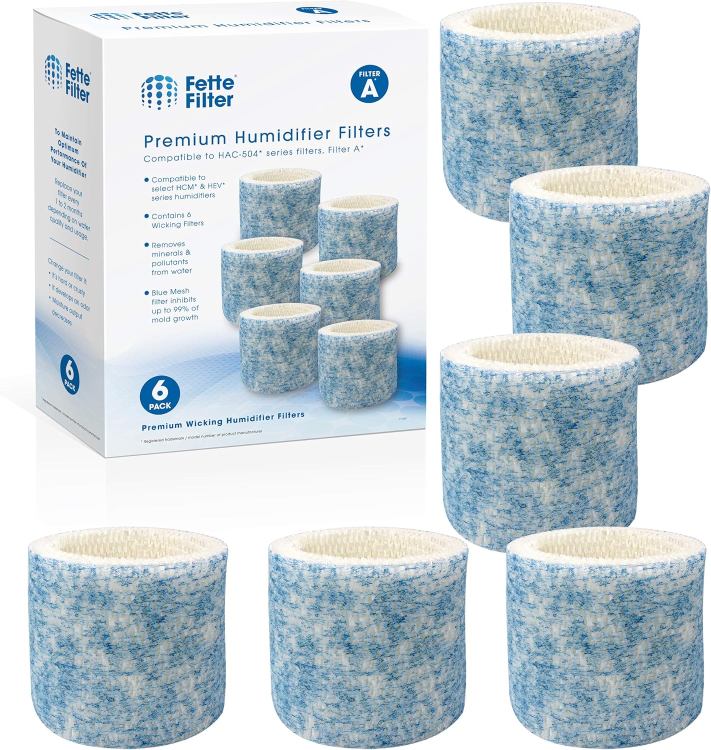 Fette Filter - Upgraded Blue Mesh Treated Layer Humidifier Wicking Filters Compatible with Honeywell HAC-504AW, Filter A for Models HAC-504, HAC-504AW, HCM 350 and Other Cool Mist Models (Pack of 6): Kitchen & Dining
