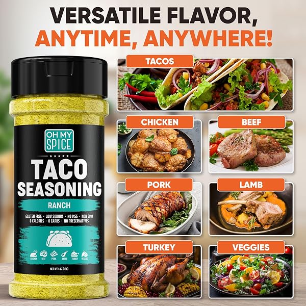 TACO SEASONING MIX RANCH SEASONING POWDER – GLUTEN FREE & LOW SODIUM MEXICAN SEASONINGS BLEND FOR TACO TUESDAY NIGHT. RANCH DRESSING POWDER FOR FAJITA & BURRITO. STREET TACOS SPICES TOPPINGS. 4OZ