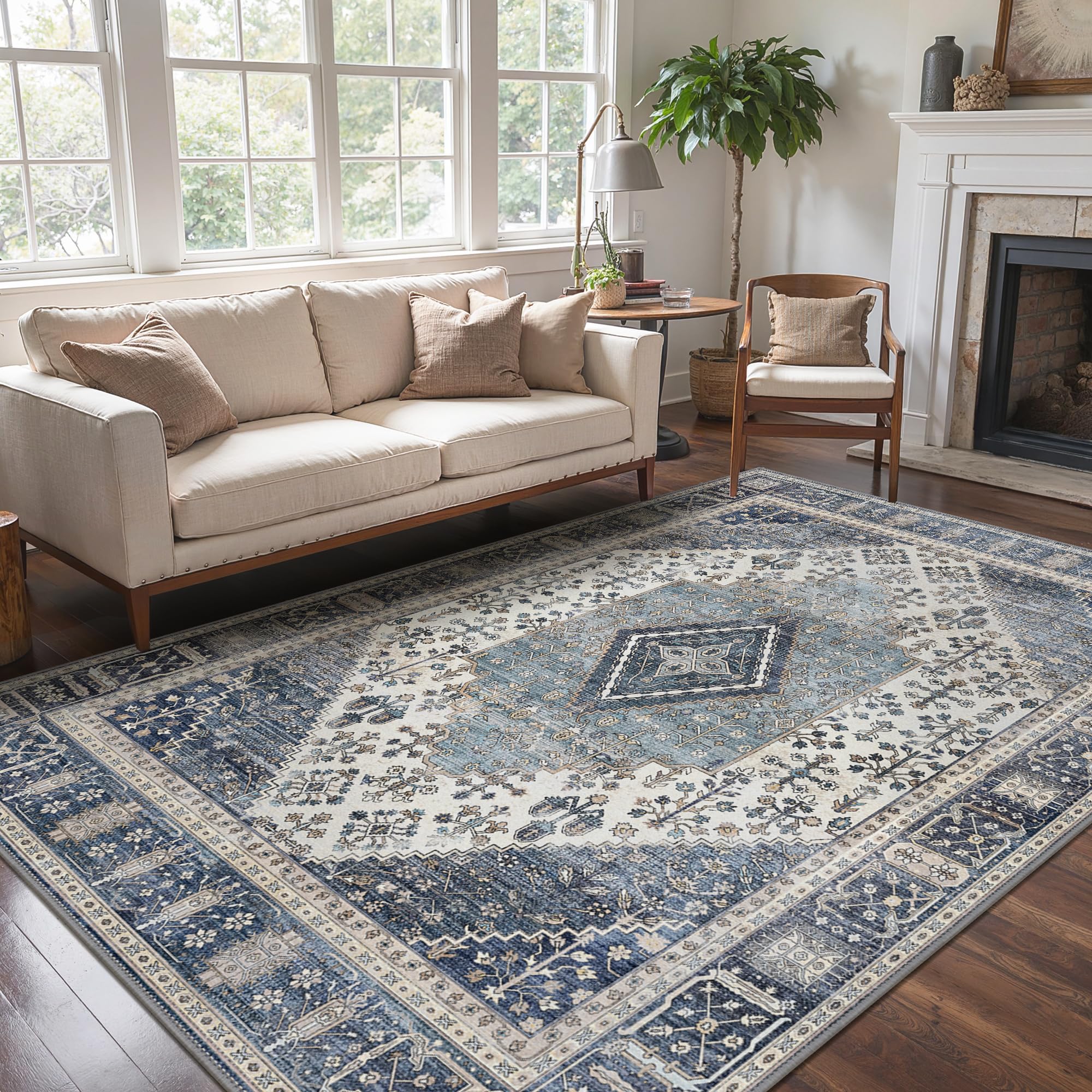 Photo 1 of GENIMO Area Rugs for Living Room Machine Washable, 8x10 Non Slip Boho Vintage Lightweight Washable Rugs, Thin Floral Rugs for Bedroom Dining Room Office, Misty Blue