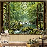 Accnicc Window Forest Tapestry Green Nature Jungle Wall Tapestry for Bedroom Aesthetic Rainforest Stream Outdoor Landscape Sm
