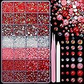 22000 Pcs Red Flatback Pearls and Rhinestones for Crafting, Resin Rhinestones Gems Pearls for Bedazzling, Mixed Size 3-6mm Half Pearl Gems for Nails Face Eyes Makeup Bottles Shoes DIY Crafts