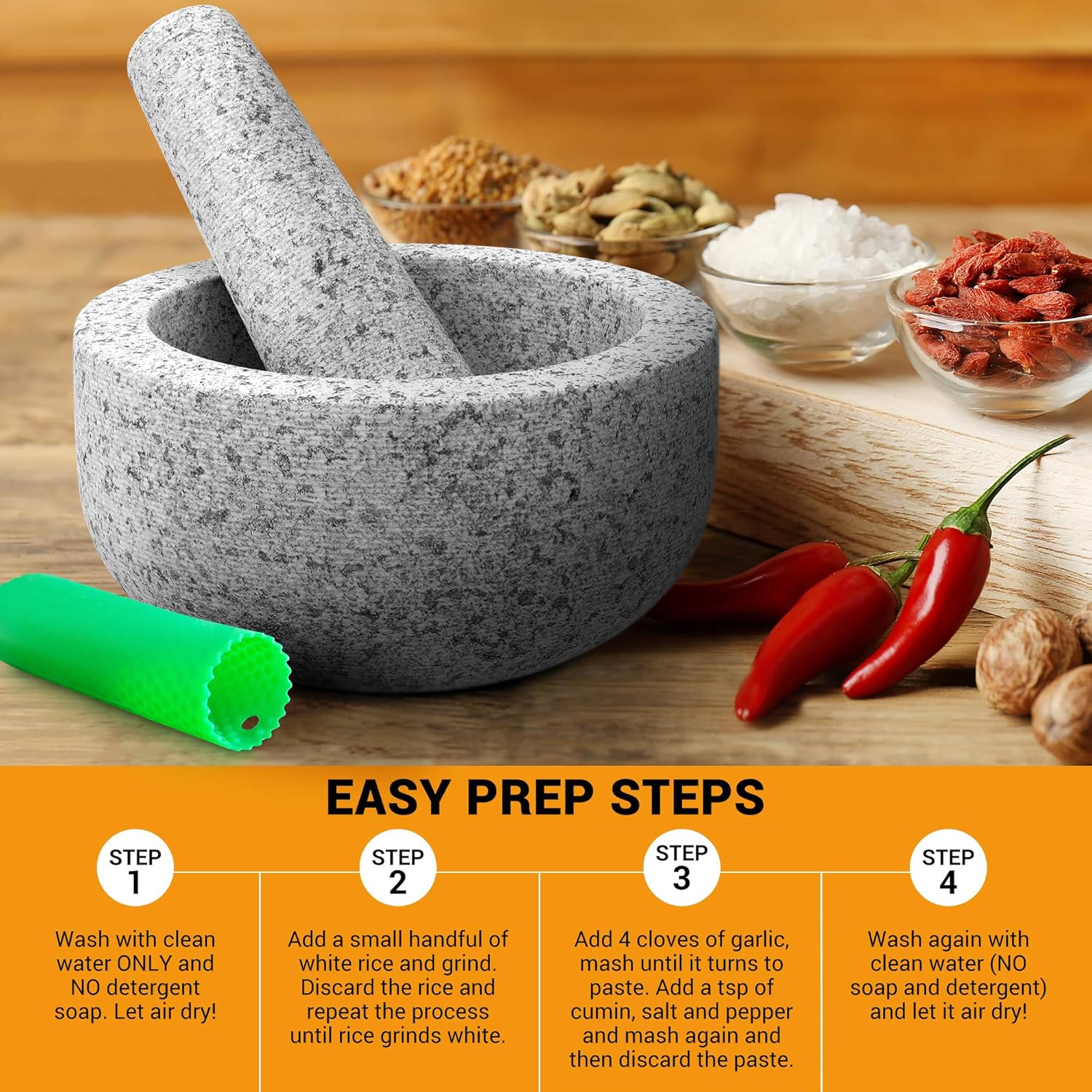 PriorityChef Mortar and Pestle Set, Unpolished Natural Granite, Large 2 Cup Capacity Guacamole Bowl, Silicone Garlic Peeler Included: Kitchen & Dining