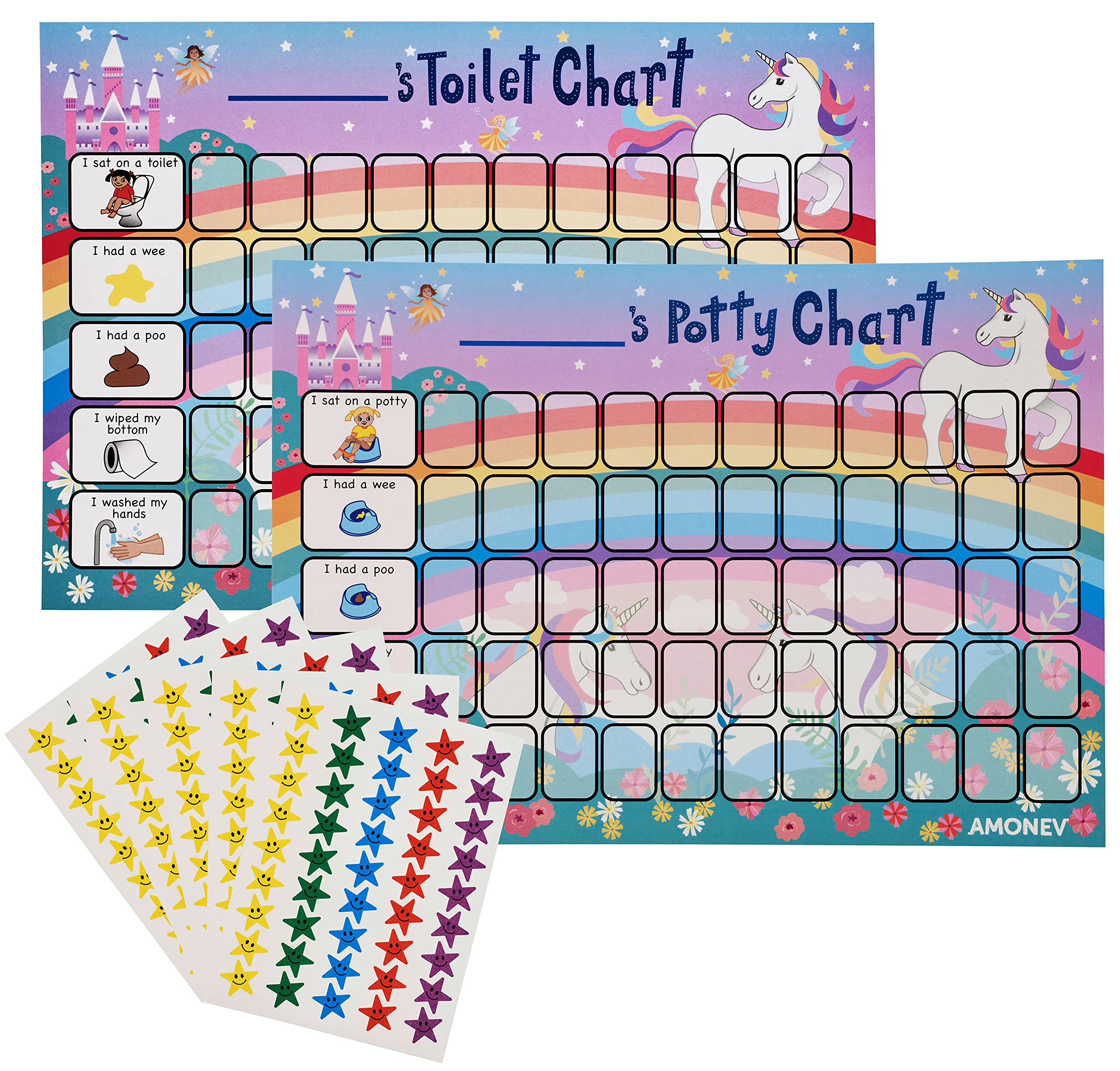 Amonev Unicorn Toilet Training Reward chart and Potty Training reward chart for boys and girls Toddlers Twin Pack with 225 star stickers included
