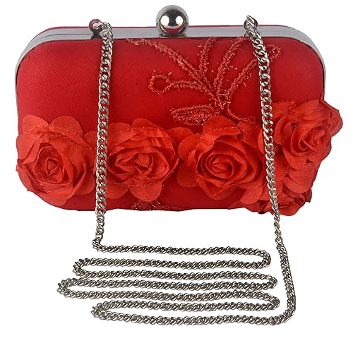 Revolution Womens Handicraft Party Wear Cotton Hand Made Box Clutch with Flowers (Red)