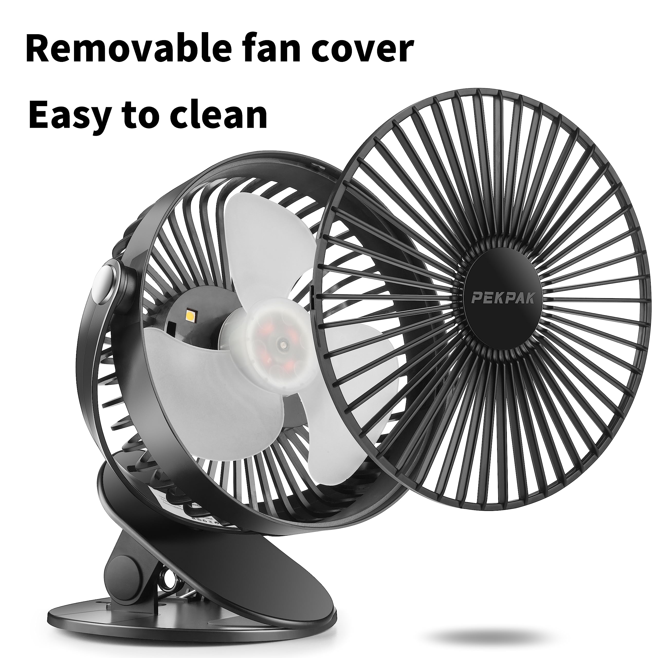 Clip on Fan,7 Inch 5000mAh Battery Operated Fan,Rechargeable Personal,3 in 1 Desk Portable Usb Fan,LED Light,3 Speeds,720°Rotation for Travel/Stroller/Bed/Office/Camping/Dorm/Bedroom(Black)