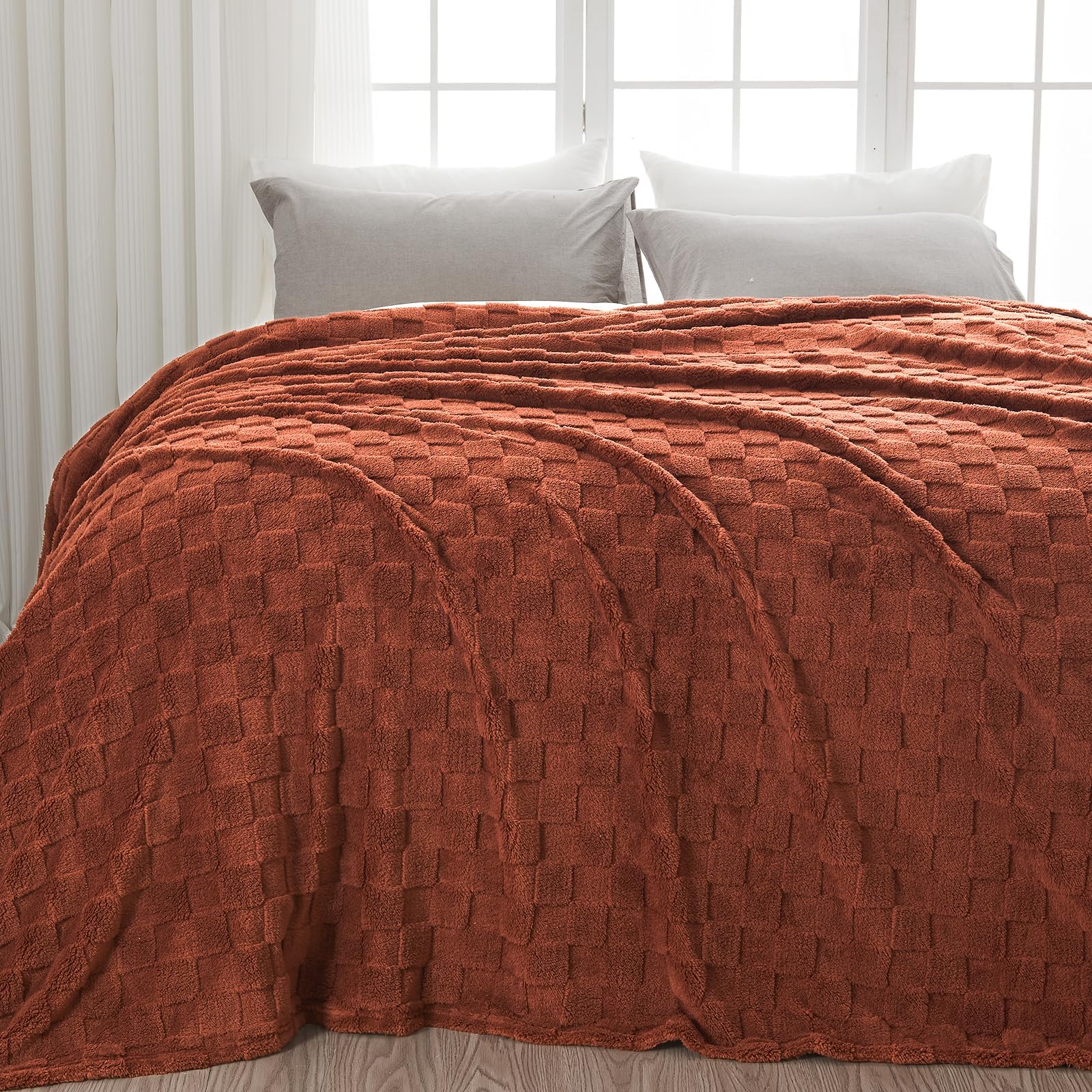 NEWCOSPLAY Super Soft Queen Blanket Coffee Premium Silky Flannel Fleece 3D Checkered Lightweight Bed Blanket All Season Use (Coffee Checkered, Queen(90"x90")) Image
