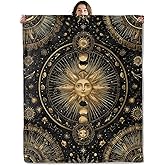 SOMEKLLY Sun and Moon Throw Blanket Soft Cozy Lightweight Flannel Blankets with Vintage Gold Celestial on Black Background Printed for Astrology Lover Bedroom Dorm Mystical Decor Gifts 50x60 Inch