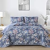 WONGS BEDDING Blue Quilt Set King Size, Blue Botanical Floral King Bedspread Bedding Sets Soft Lightweight Microfiber Flower Coverlet Set 3 Pieces for All Season (104"x90")
