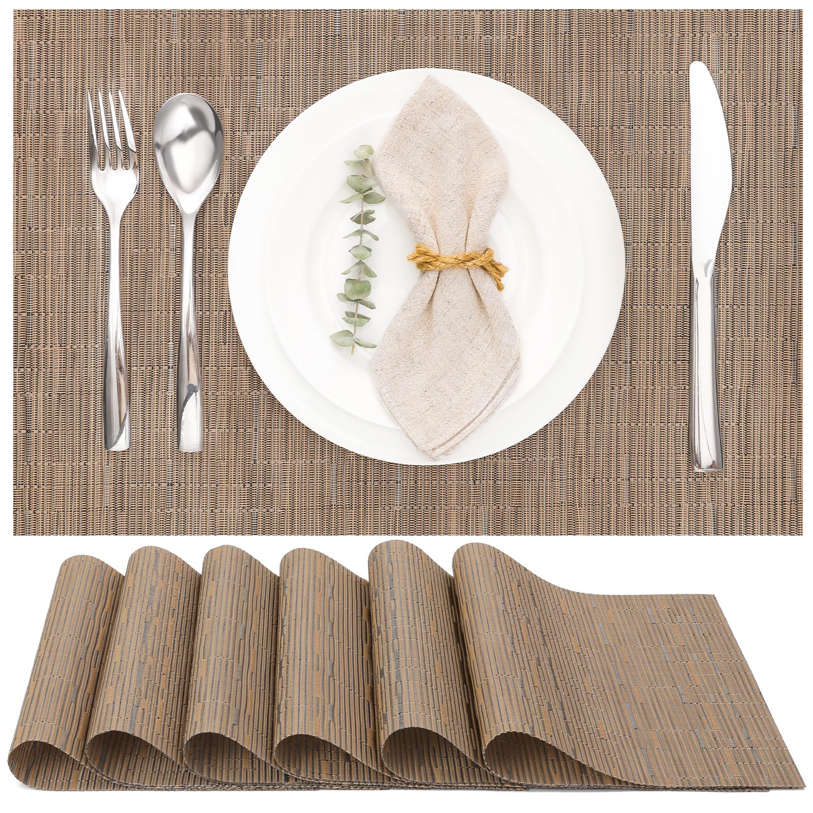 Myir JUN Table Mats Set of 6, Place Mats Table Placemats Washable Non-slip Heat Insulation Woven Vinyl for Kitchen Dinning Restaurant 17"X12" (Brown)