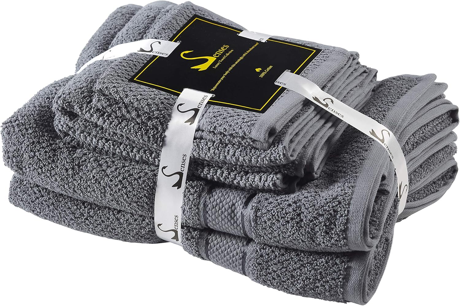 Senses Textured Rice Weave 6 pc Bathroom Towel Set, All Cotton 550 GSM (Charcoal Color): Home & Kitchen