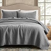 WDCOZY 100% Cotton Twin Size Quilt Set - Grey Striped Pick Stitch Soft Lightweight Bedspread, Textured Like Linen, Farmhouse Country Rustic Coverlet, Shabby Chic Gauze Bedding, 2 Pieces