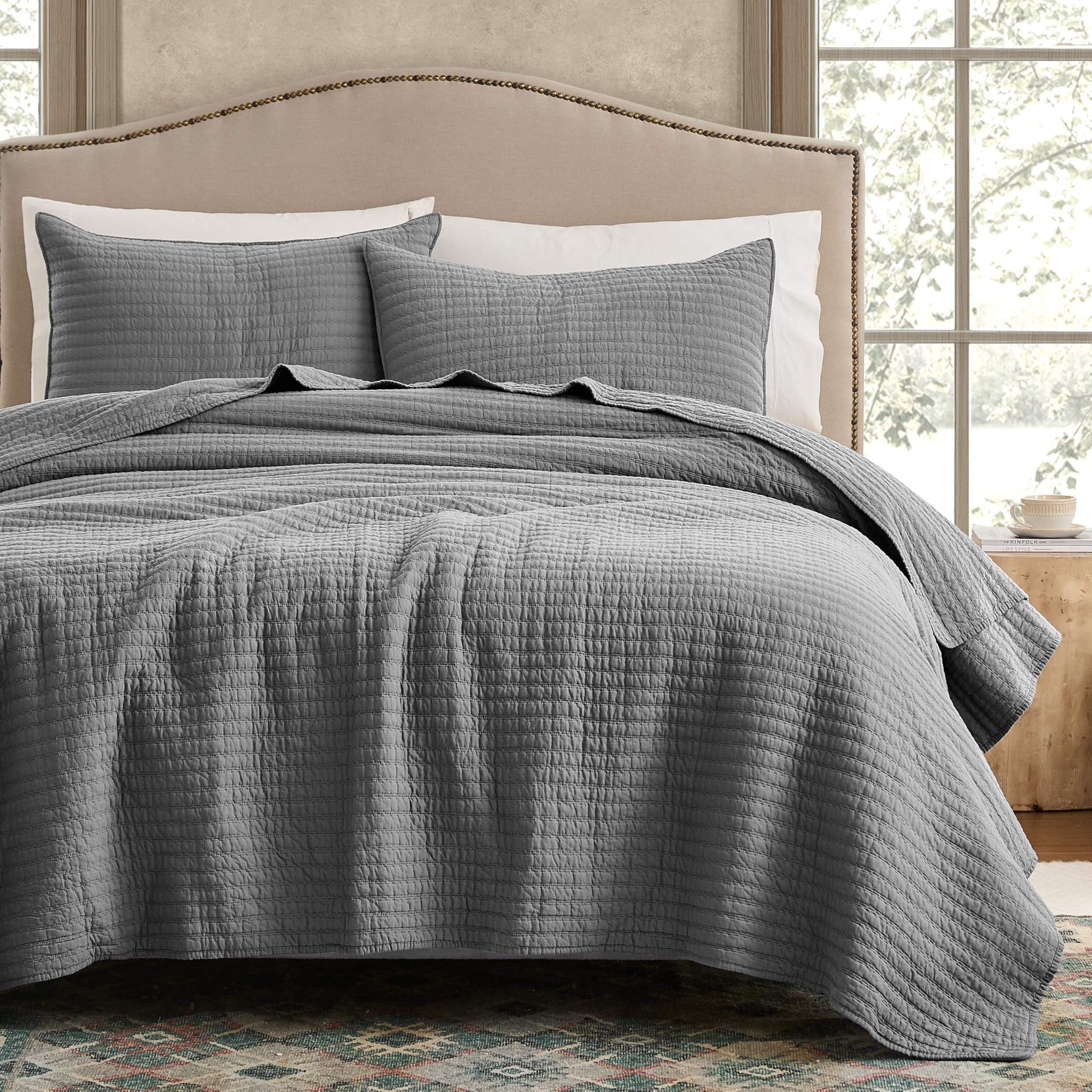 wdcozy 100% cotton king size quilt set - grey striped pick stitch soft lightweight bedspread, textur